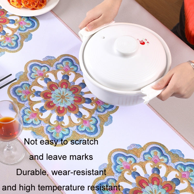 A stylish PVC waterproof oil-proof tablecloth featuring elegant embroidery, perfect for dining tables.