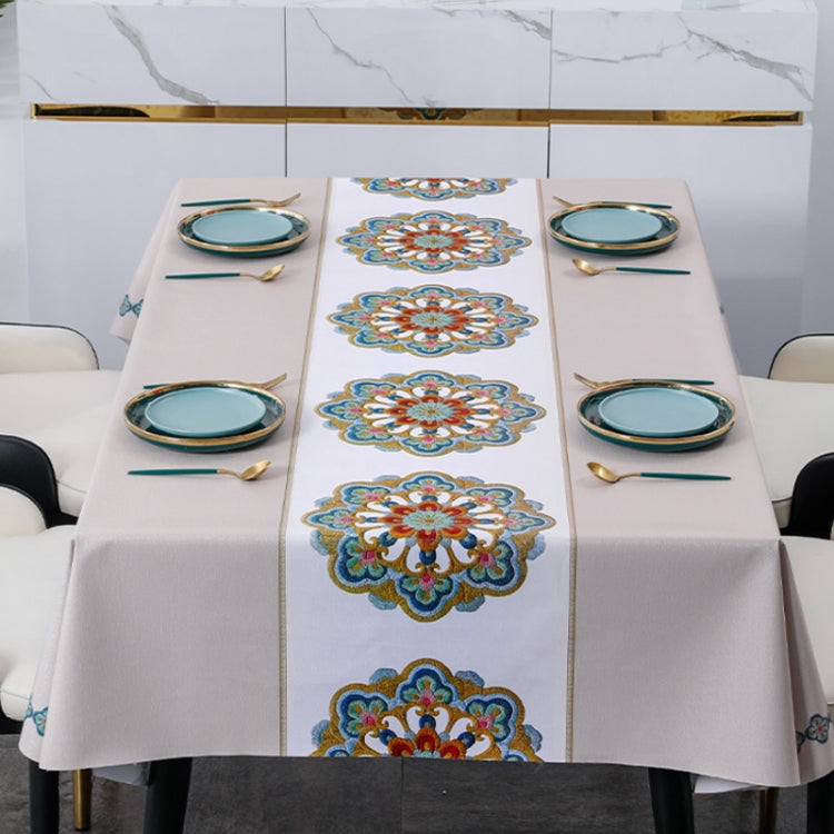 A stylish PVC waterproof oil-proof tablecloth featuring elegant embroidery, perfect for dining tables.