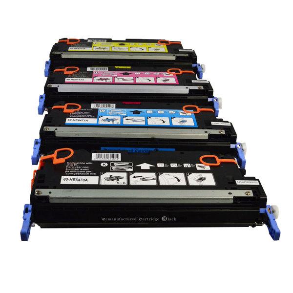 Q6470 Series Premium Generic Toner Set featuring four cartridges for HP printers, showcasing their sleek design and packaging.