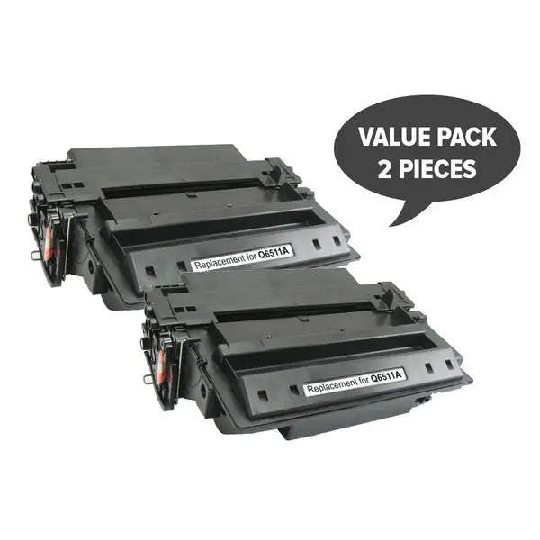 Two Q6511A generic toner cartridges for HP printers, showcasing their sleek design and premium quality.