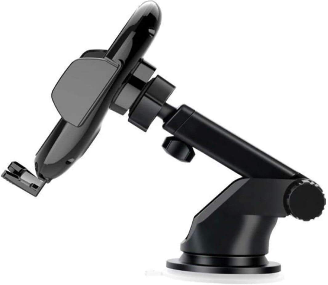 Black Qi Wireless Car Charger Phone Holder mounted in a car, showcasing its sleek design and adjustable features.