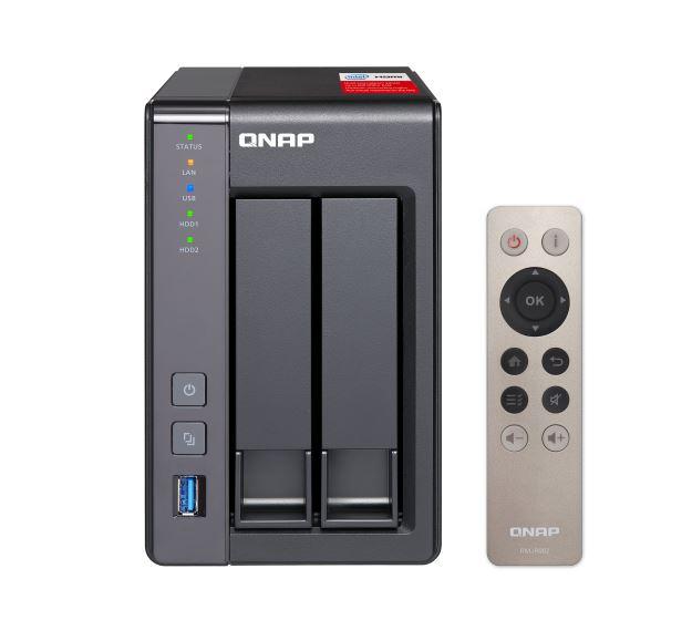 QNAP TS-251+ 2 Bay NAS with Intel Celeron J1900 processor, showcasing its sleek design and connectivity ports.