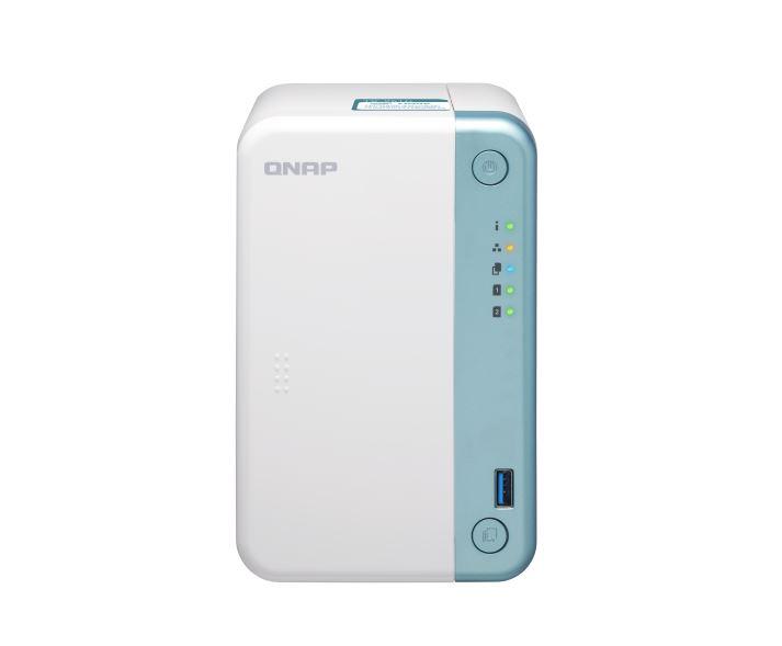 QNAP TS-251D-4G 2 Bay NAS with Intel Celeron J4005 processor, showcasing its sleek design and connectivity options.