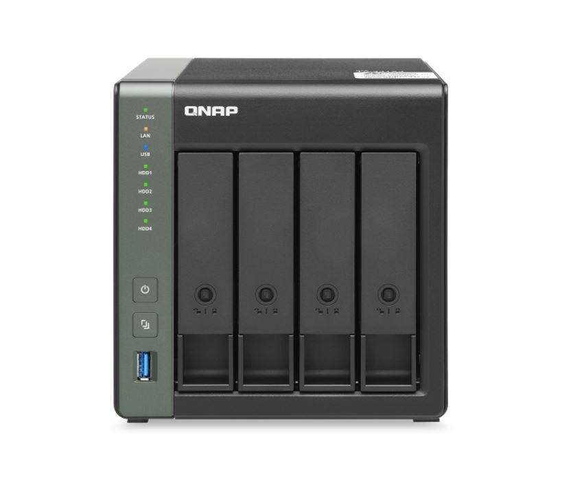 QNAP TS-431X3-4G NAS with four drive bays and multiple ports for high-speed data transfer.