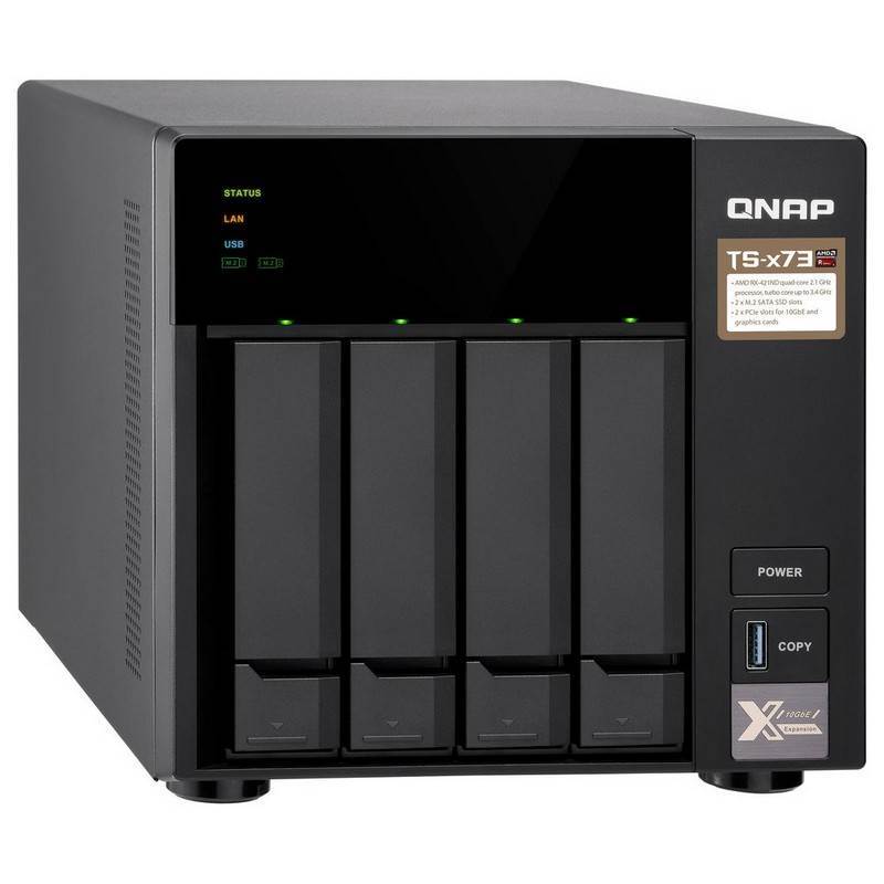 QNAP TS-473-4G 4 Bay NAS with AMD RX-421ND processor, showcasing its sleek tower design and multiple connectivity ports.