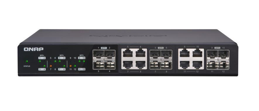 QNAP QSW-1208-8C 12-port 10GbE unmanaged switch with SFP+ and 10GBASE-T ports, showcasing its compact design and LED indicators.