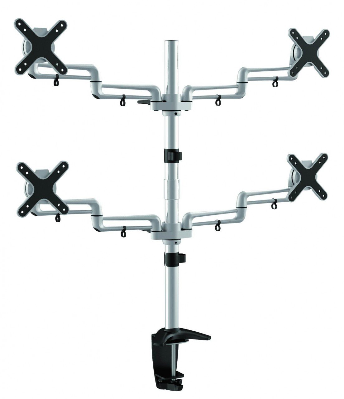 Quadruple Desk Mount Monitor Bracket supporting four 13" to 23" screens, showcasing its sleek aluminum design and full motion capabilities.