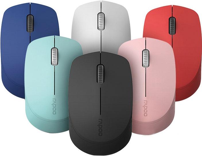 RAPOO M100 Pink Wireless Mouse with Quiet Click technology, showcasing its sleek design and connectivity options.