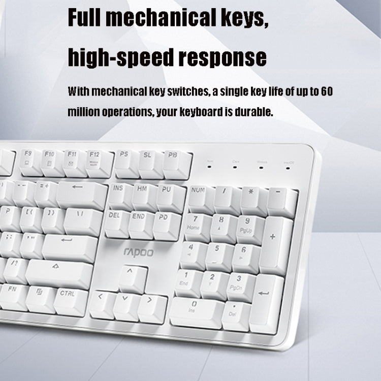 Rapoo MT710 Wired Keyboard with 104 keys and white backlight, showcasing its sleek design and durable materials.