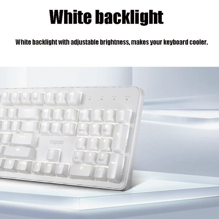 Rapoo MT710 Wired Keyboard with 104 keys and white backlight, showcasing its sleek design and durable materials.