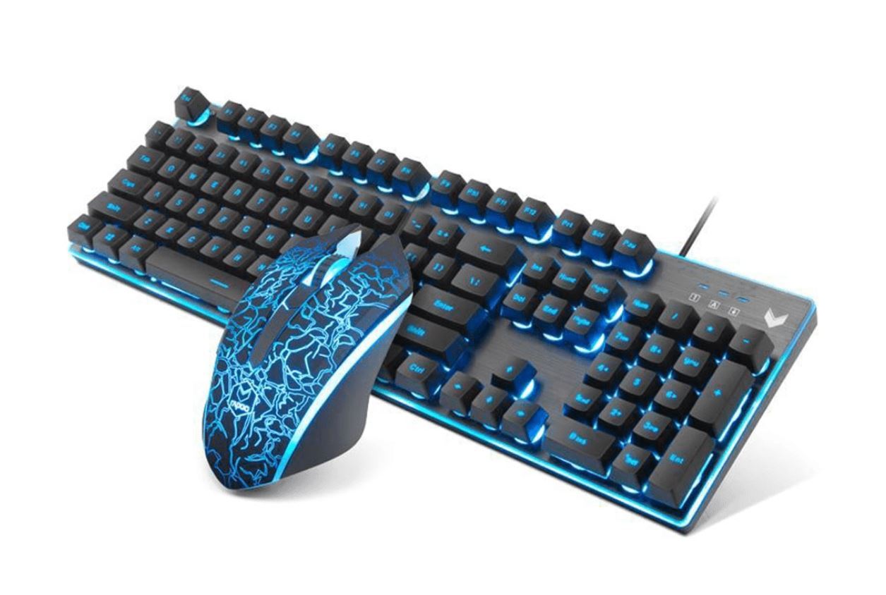 RAPOO V100S Backlit Gaming Keyboard with Optical Gaming Mouse, showcasing RGB lighting and ergonomic design.