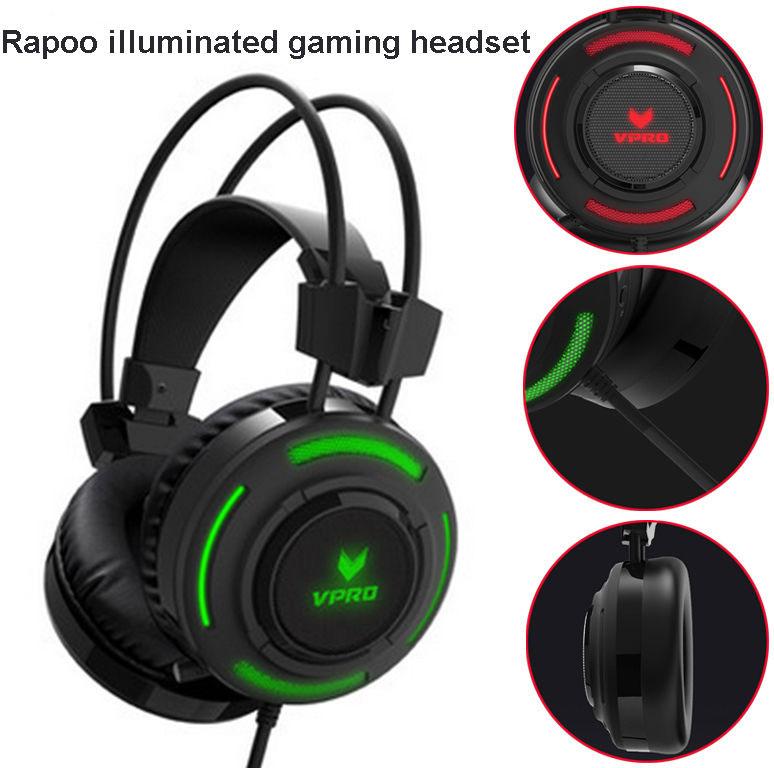 RAPOO VH200 Illuminated RGB Glow Gaming Headsets in black with vibrant RGB lighting and a comfortable design.