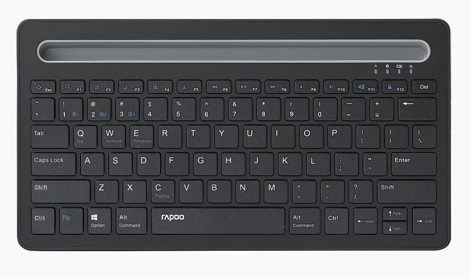 RAPOO XK100 Bluetooth Wireless Keyboard showcasing its sleek design and integrated card slot stand.