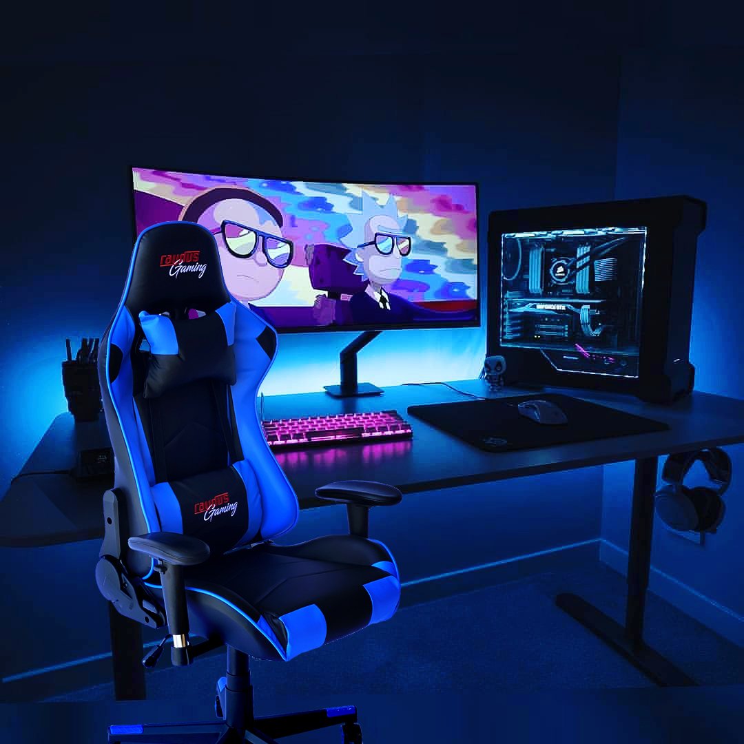 RAYDUS Gaming Racer Chair in blue with high backrest and adjustable features, designed for comfort and support.