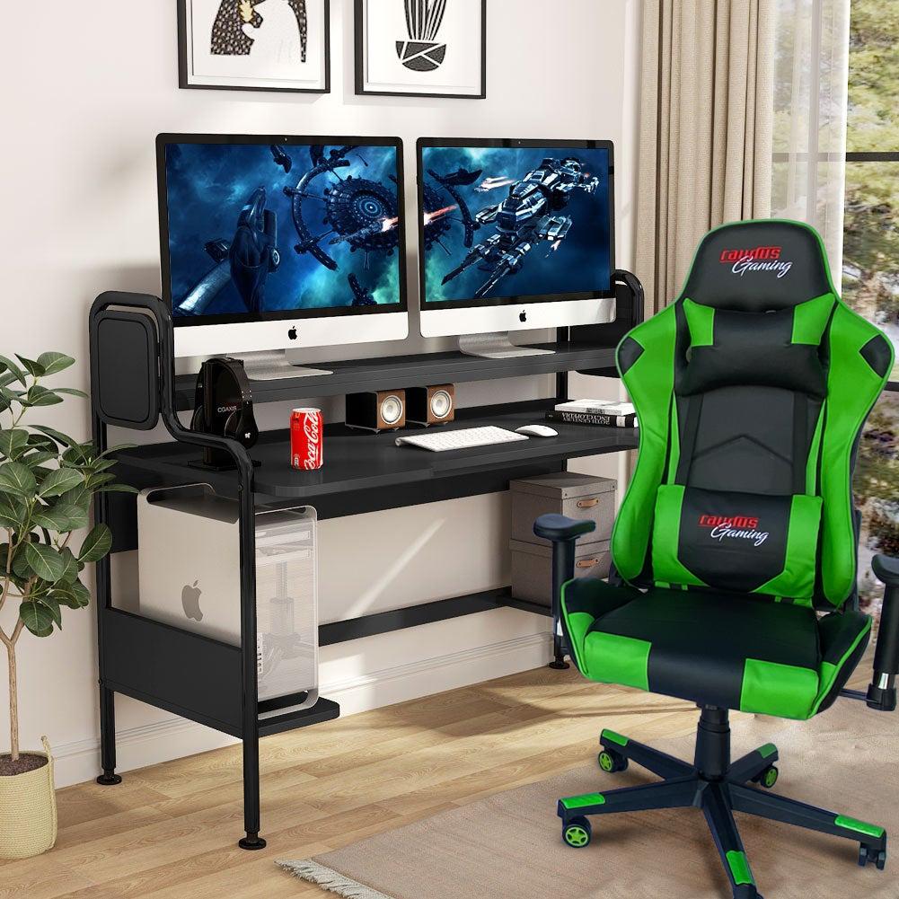 RAYDUS Gaming Racer Chair in green color, featuring high backrest, adjustable armrests, and lumbar support cushions.