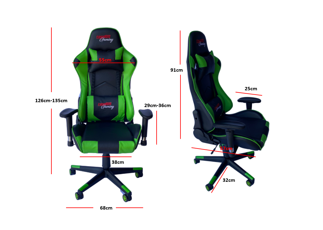 RAYDUS Gaming Racer Chair in green color, featuring high backrest, adjustable armrests, and lumbar support cushions.