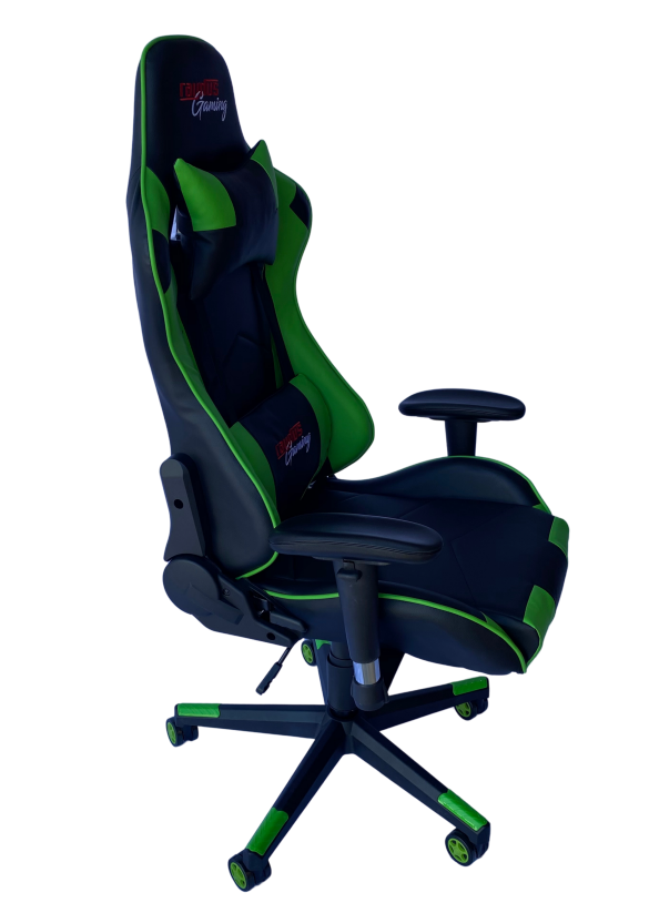 RAYDUS Gaming Racer Chair in green color, featuring high backrest, adjustable armrests, and lumbar support cushions.