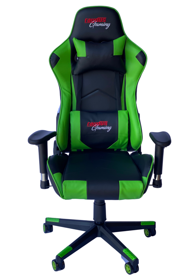 RAYDUS Gaming Racer Chair in green color, featuring high backrest, adjustable armrests, and lumbar support cushions.