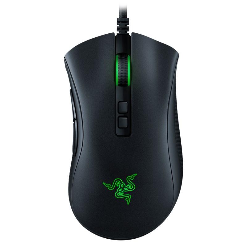 Razer DeathAdder V2 Ergonomic Optical Gaming Mouse with RGB lighting and programmable buttons, showcasing its sleek design and ergonomic features.