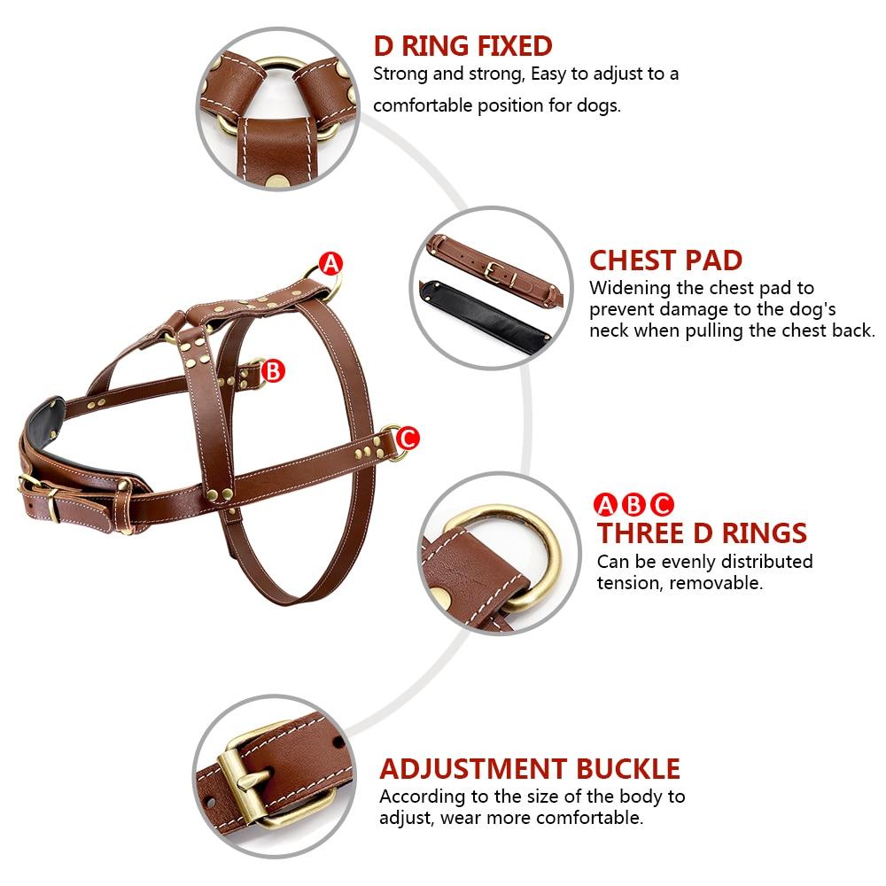 Real leather dog harness designed for large breeds, featuring adjustable straps and a strong construction for training and play.