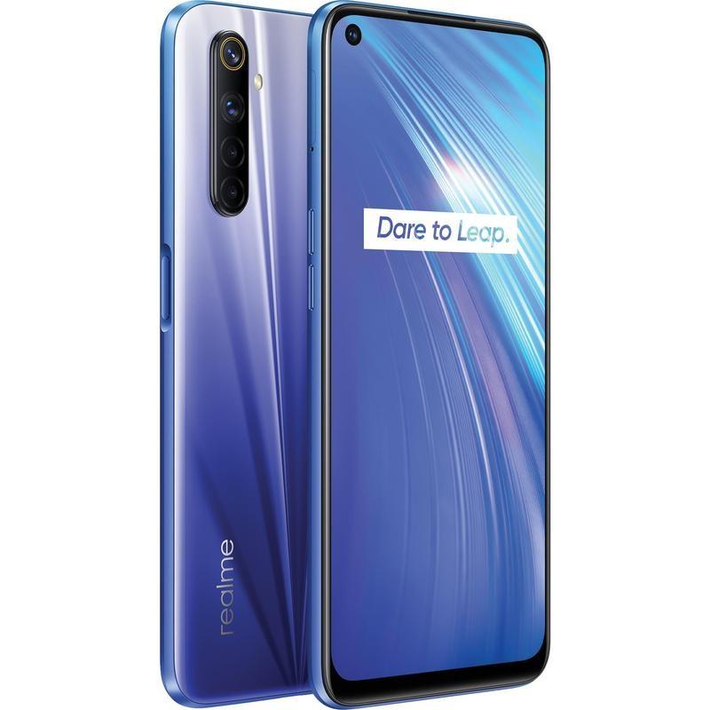 REALME 6 smartphone in Comet Blue color showcasing its 6.5-inch display and sleek design.