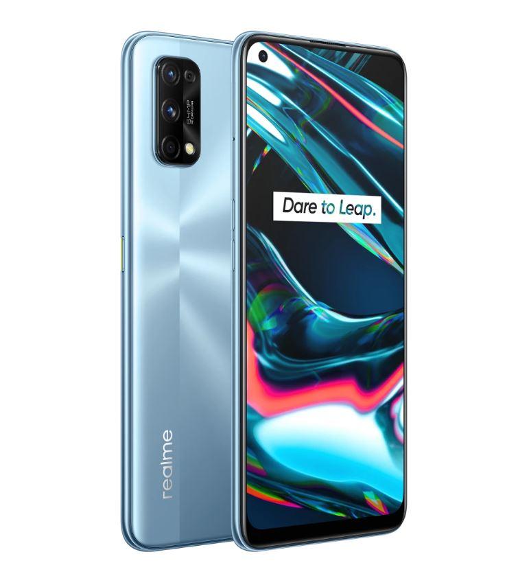 realme 7 Pro smartphone in Mirror Silver color showcasing its sleek design and AMOLED display.