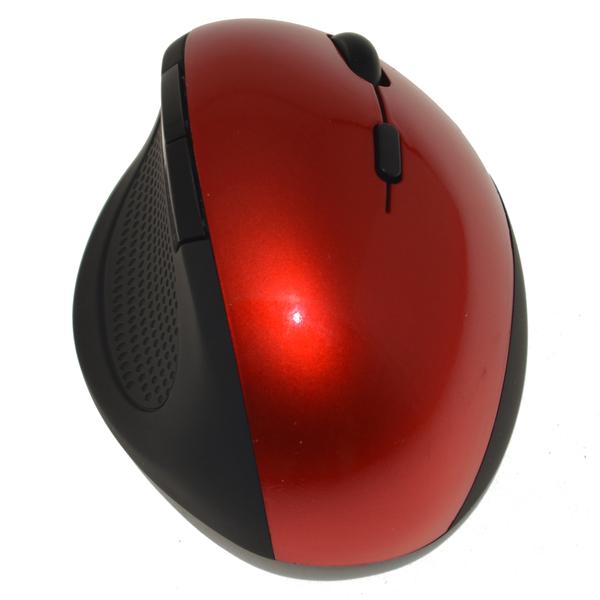 Red ergonomic wireless mouse with six customizable keys, designed for comfort and precision.