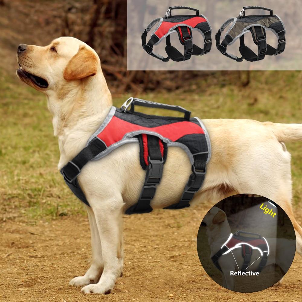 Reflective dog harness for large dogs in red and grey, featuring padded design and quick control handle for easy lifting and comfort.