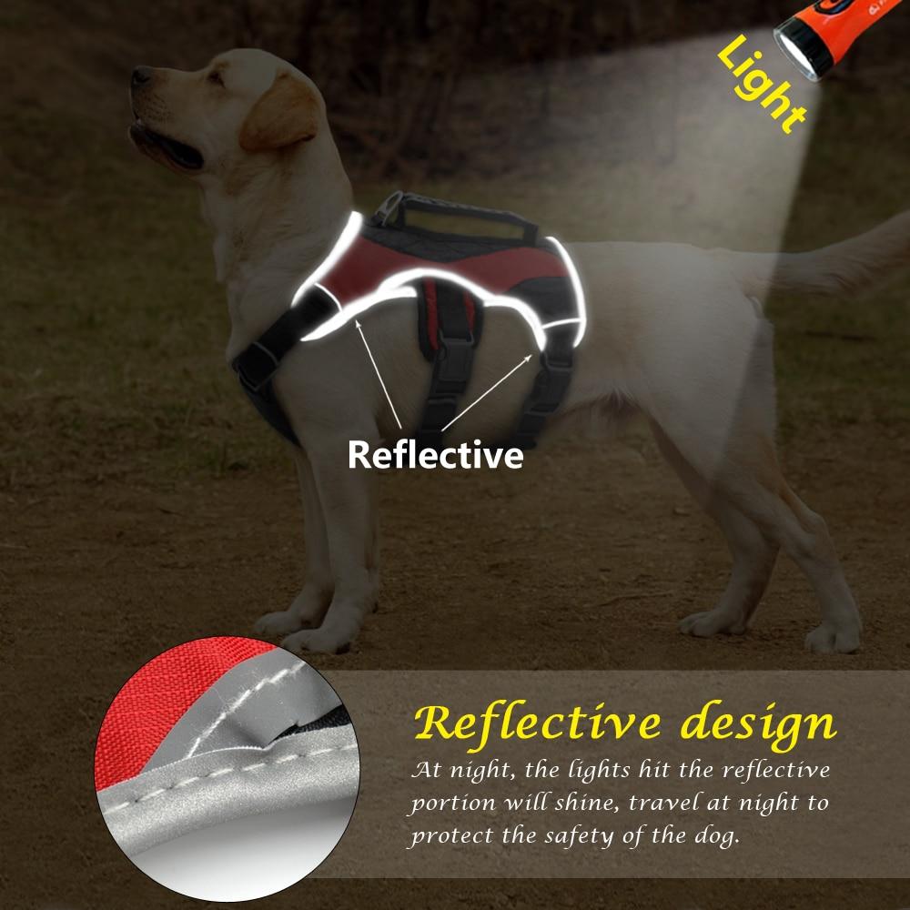 Reflective dog harness for large dogs in red and grey, featuring padded design and quick control handle for easy lifting and comfort.