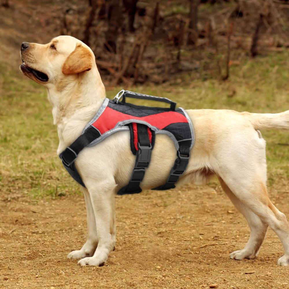 Reflective dog harness for large dogs in red and grey, featuring padded design and quick control handle for easy lifting and comfort.