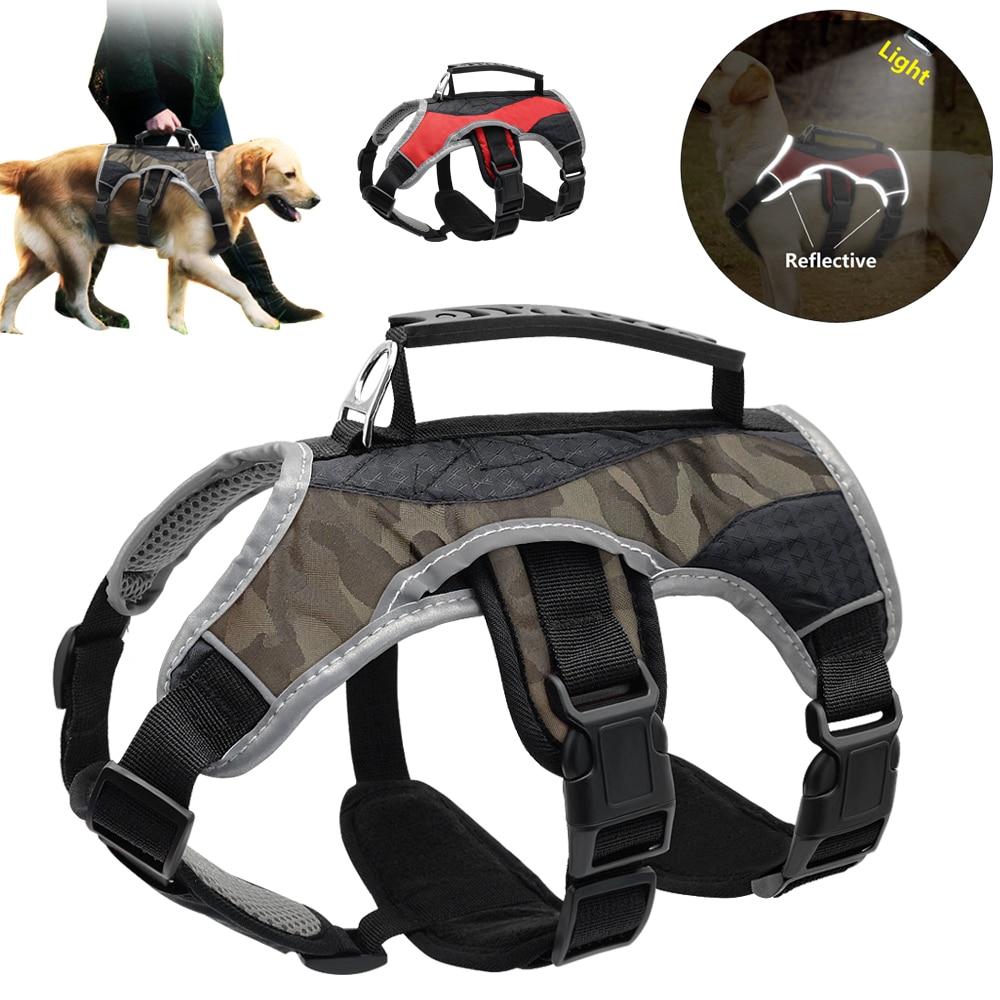 Reflective dog harness for large dogs in red and grey, featuring padded design and quick control handle for easy lifting and comfort.