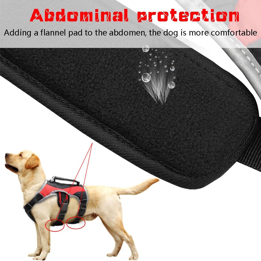 Reflective dog harness for large dogs in red and grey, featuring padded design and quick control handle for easy lifting and comfort.