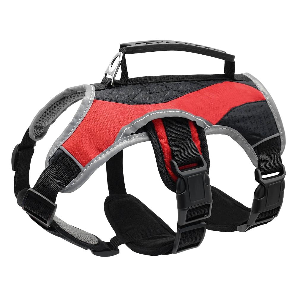 Reflective dog harness for large dogs in red and grey, featuring padded design and quick control handle for easy lifting and comfort.