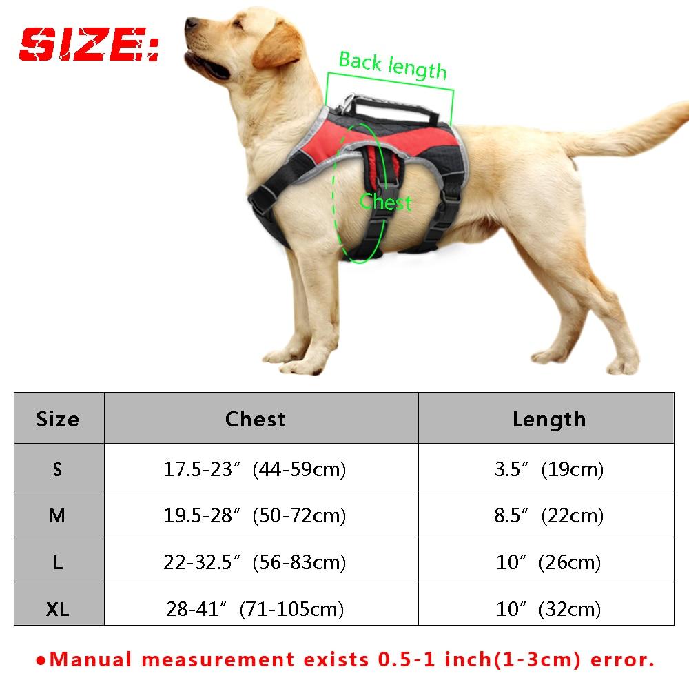 Reflective dog harness for large dogs in red and grey, featuring padded design and quick control handle for easy lifting and comfort.