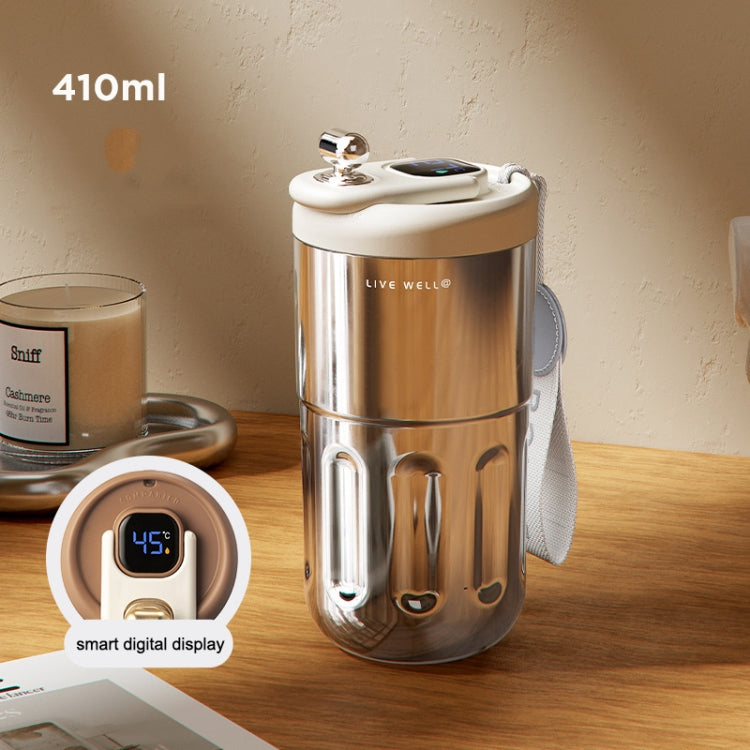 Relea JV012237 Portable Stainless Steel Coffee Insulation Cup with digital display and carrying rope, showcasing its sleek design and functionality.