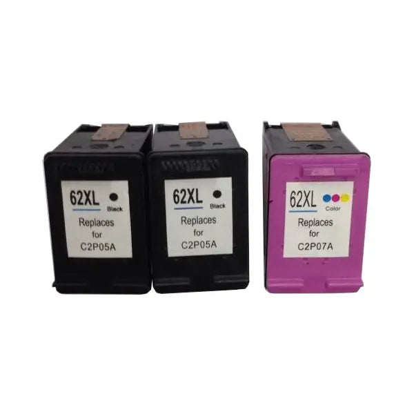 Remanufactured Value Pack containing 2 HP62XL Black cartridges and 1 HP62XL Colour cartridge, showcasing premium quality and new chip technology.