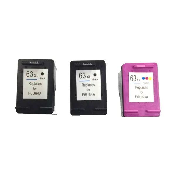 Remanufactured Value Pack containing 2 HP63XL Black cartridges and 1 HP63XL Colour cartridge, ideal for high-quality printing.