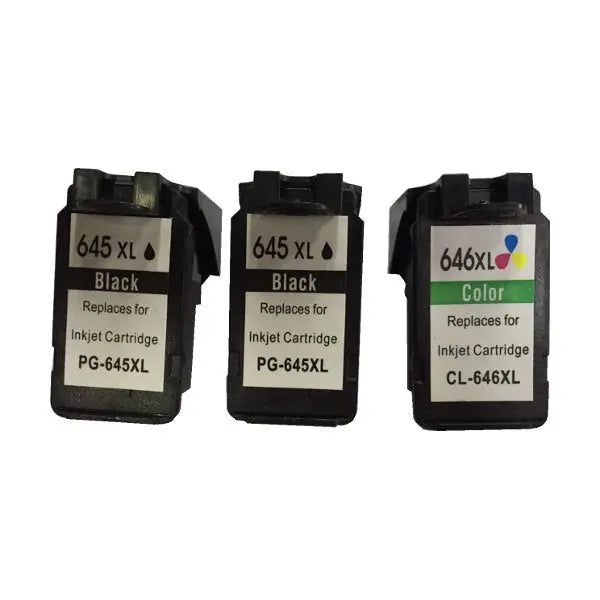 Remanufactured Value Pack containing 2 PG645XL Black cartridges and 1 CL646XL Colour cartridge, ideal for high-quality printing.