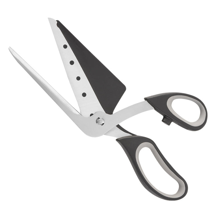 Removable Multi-Functional Stainless Steel Pizza Scissors Shovel with sharp blades and comfortable rubber handle, ideal for cutting and serving pizza.