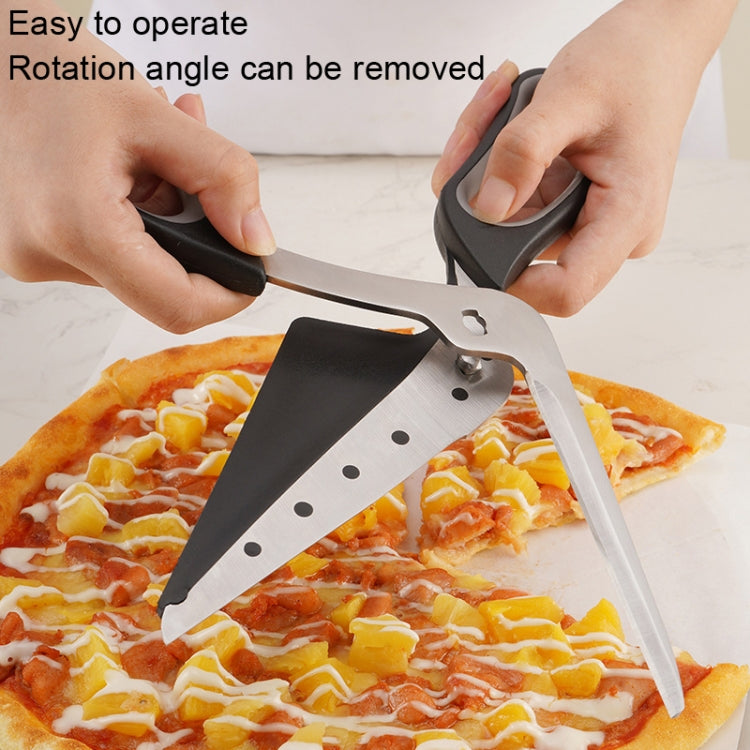 Removable Multi-Functional Stainless Steel Pizza Scissors Shovel with sharp blades and comfortable rubber handle, ideal for cutting and serving pizza.