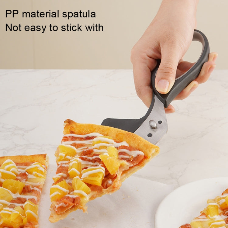 Removable Multi-Functional Stainless Steel Pizza Scissors Shovel with sharp blades and comfortable rubber handle, ideal for cutting and serving pizza.