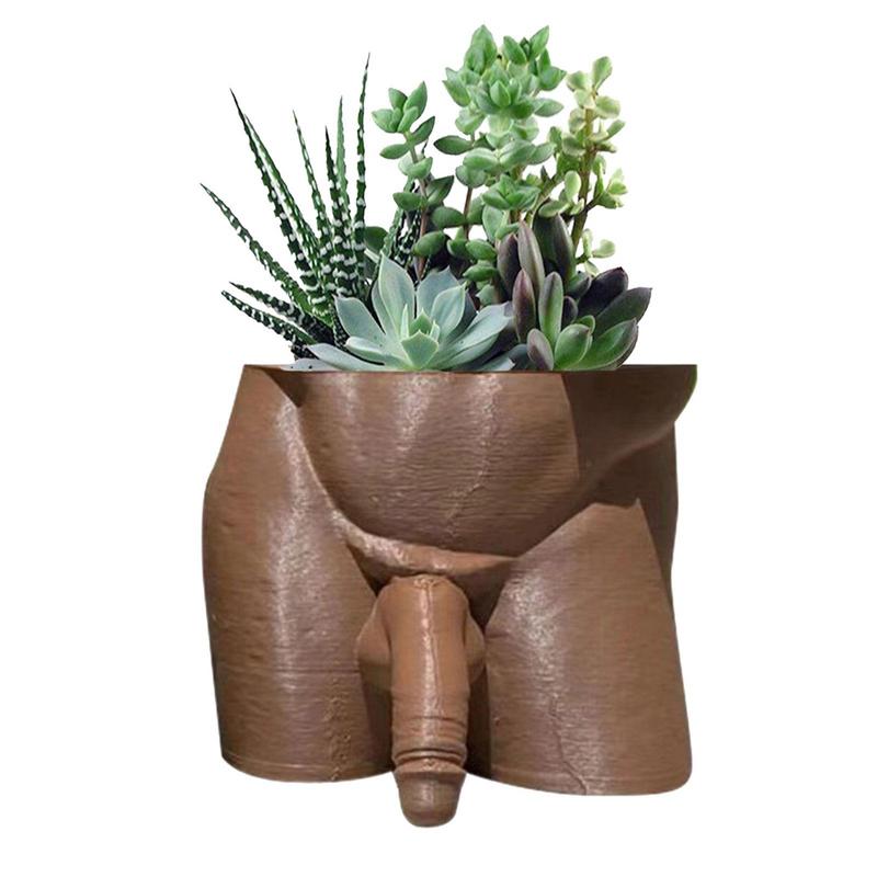 A quirky resin plant pot shaped like a naked man's butt, ideal for growing succulents or ferns, adding humor to home decor.