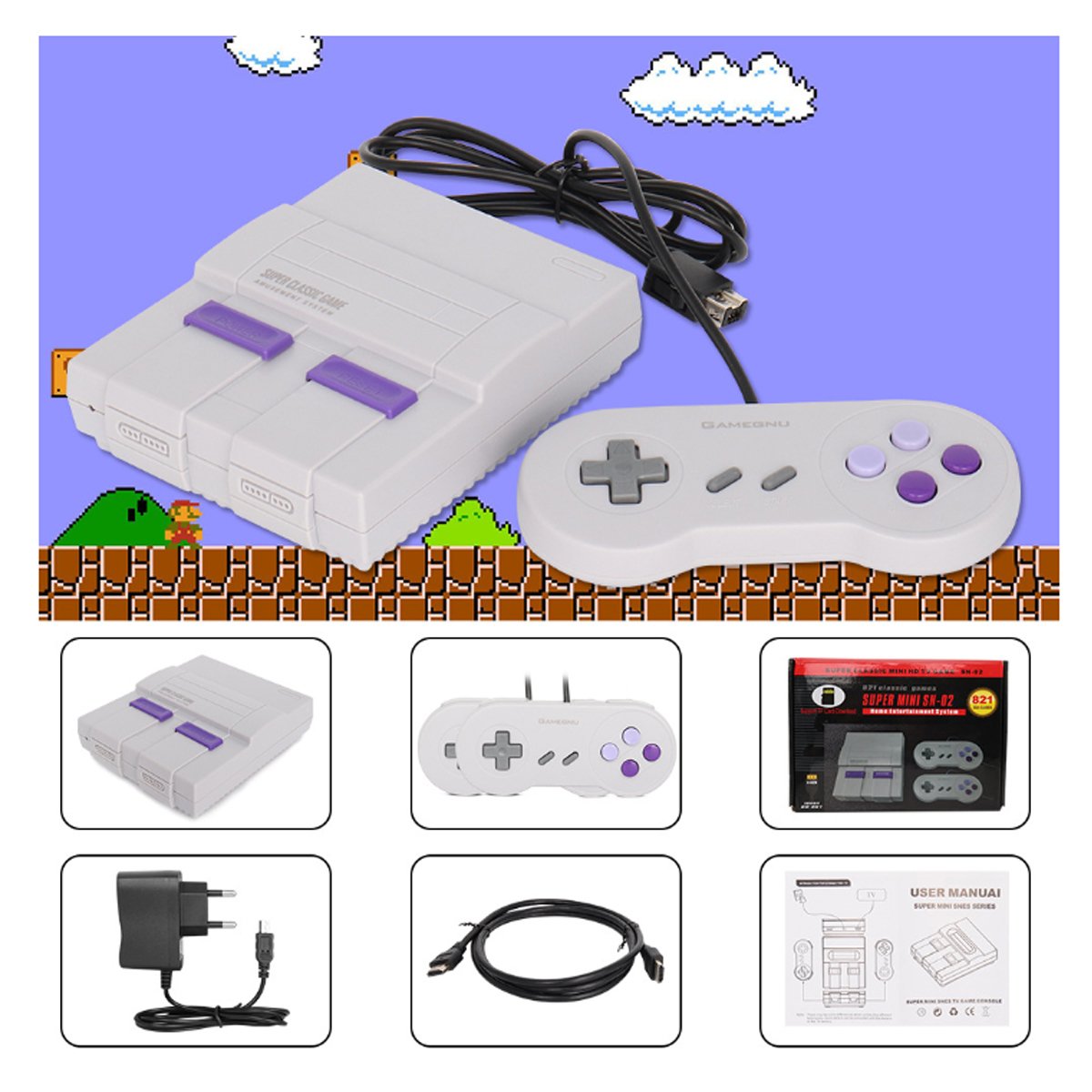 Retro Inspired Game Console with HDMI, featuring two controllers and a selection of 821 classic games preloaded.