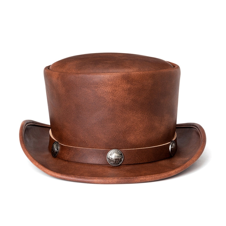 Retro Style PU Leather Round Top Magic Hat with metal decorations, adjustable strap, and elegant design, suitable for parties and performances.