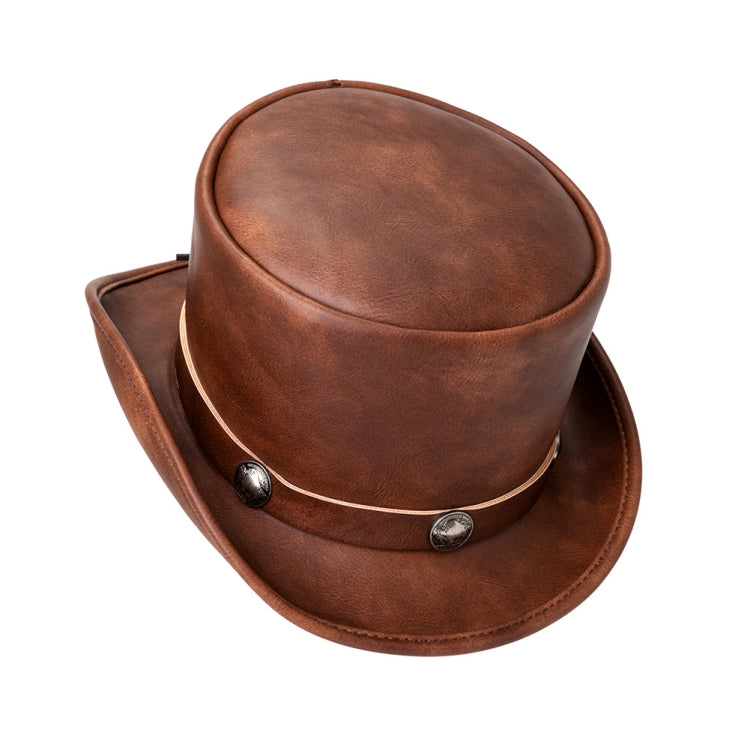 Retro Style PU Leather Round Top Magic Hat with metal decorations, adjustable strap, and elegant design, suitable for parties and performances.