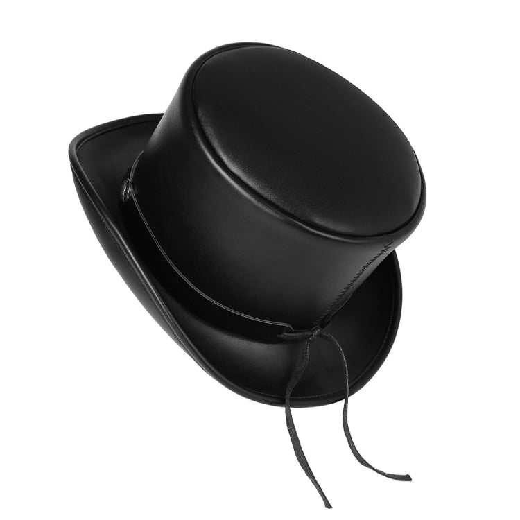 Retro Style PU Leather Round Top Magic Hat with metal decorations, adjustable strap, and elegant design, suitable for parties and performances.