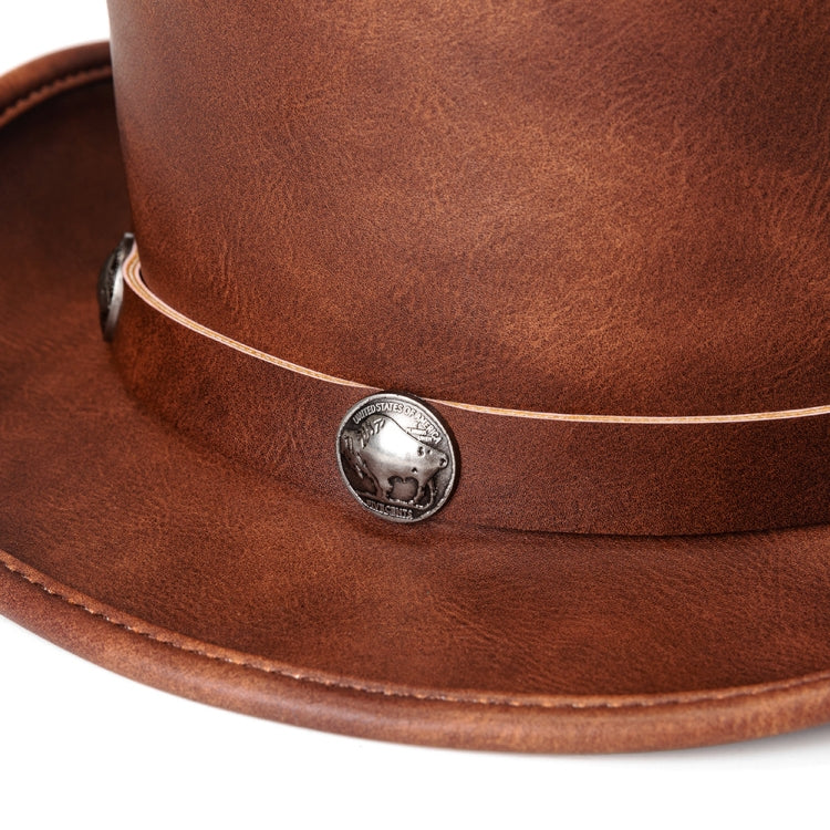 Retro Style PU Leather Round Top Magic Hat with metal decorations, adjustable strap, and elegant design, suitable for parties and performances.