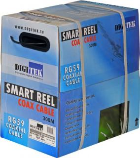 RG59 BU Unbonded 60% Smart Reel 300m with heavy-duty cable caddy and waxed cardboard box, designed for tangle-free cable management.