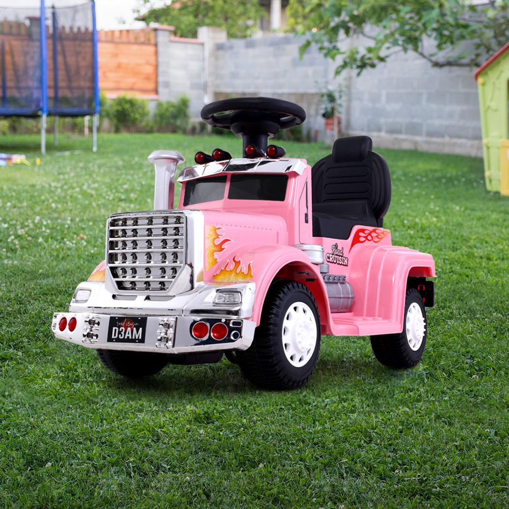 A vibrant kids electric ride on truck in five colors, featuring realistic design, headlights, and anti-slip tyres, perfect for children aged 3-8.