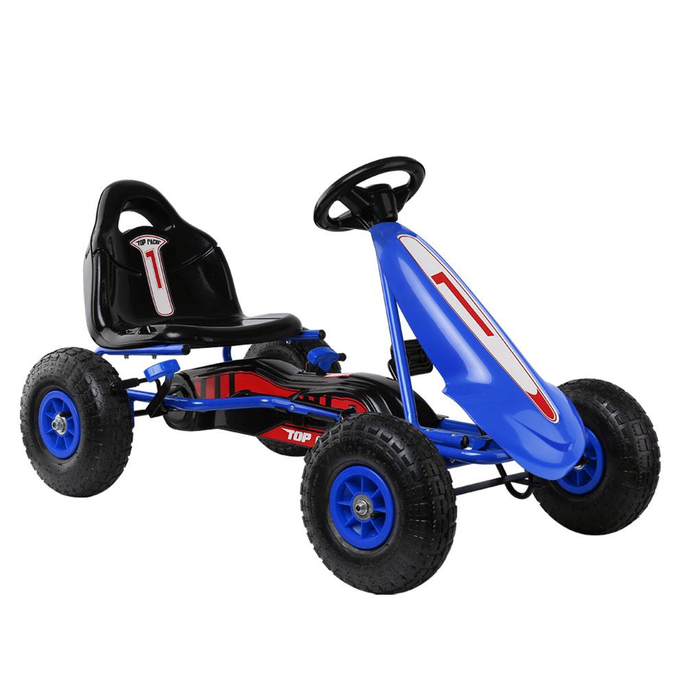 Rigo Kids Pedal Go Kart in blue color with rubber tyres, designed for children aged 3 and above, showcasing its sturdy frame and adjustable seat.